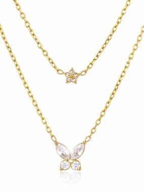 18K Gold Plated Double Layer Butterfly & Flower Necklace